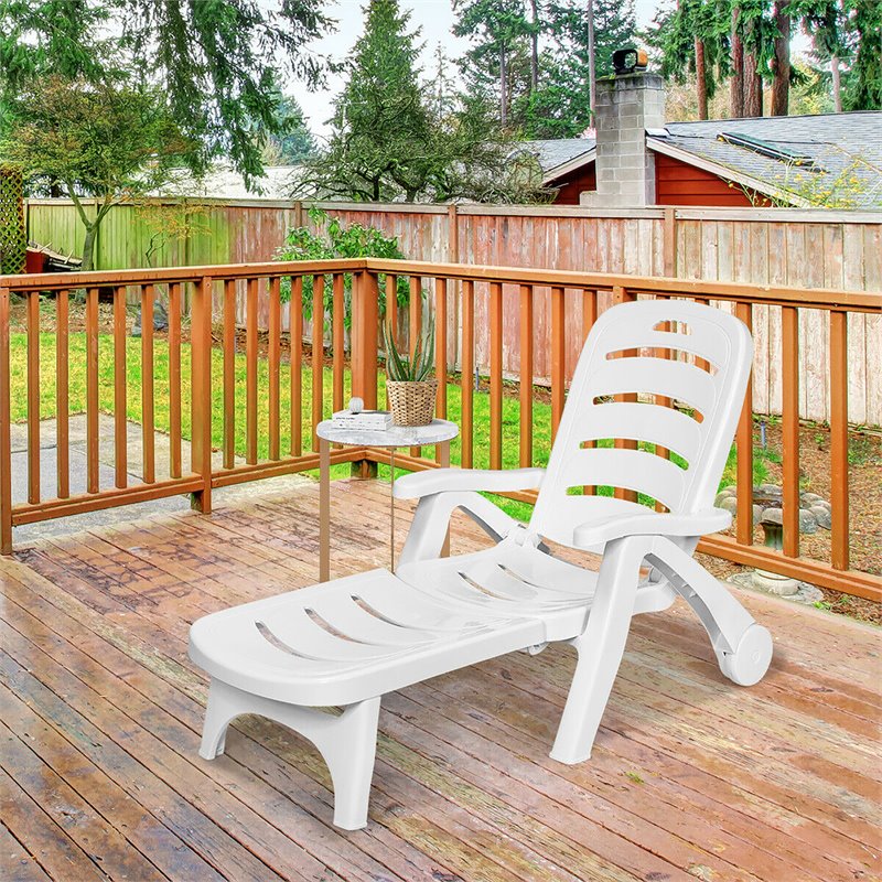 Costway PP 5-Position Adjustable Folding Lounge Chair with Wheels in White