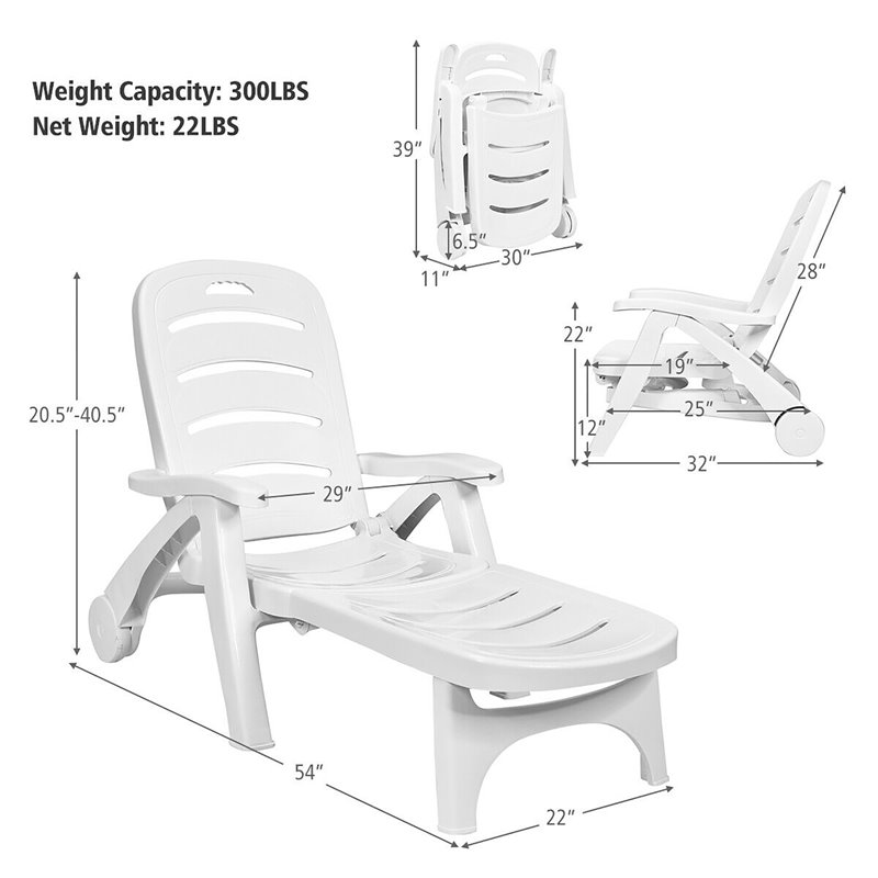 Costway PP 5-Position Adjustable Folding Lounge Chair with Wheels in White
