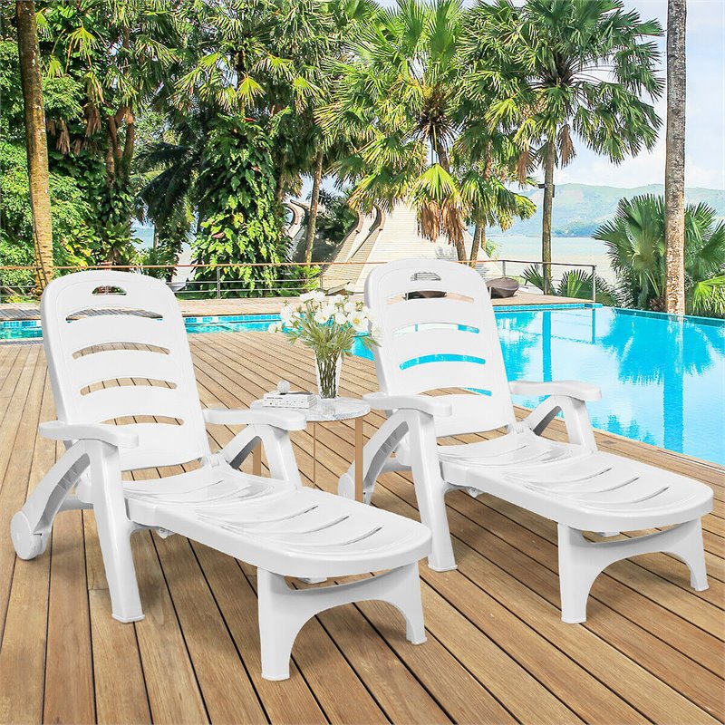 Costway PP 5-Position Adjustable Folding Lounge Chair with Wheels in White