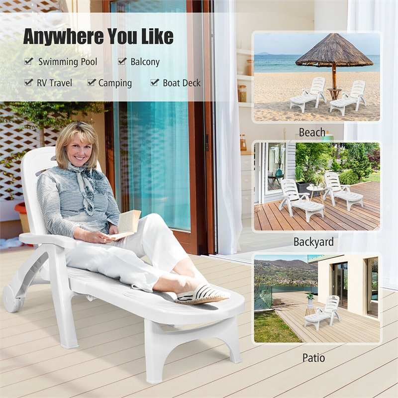 Costway PP 5-Position Adjustable Folding Lounge Chair with Wheels in White