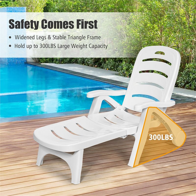 Costway PP 5-Position Adjustable Folding Lounge Chair with Wheels in White