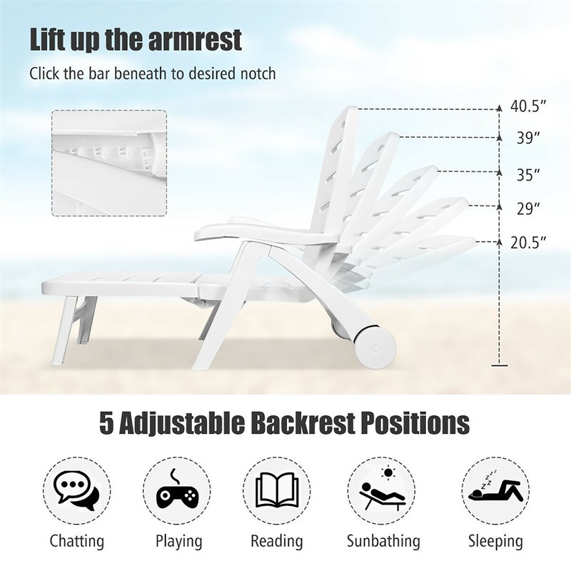 Costway PP 5-Position Adjustable Folding Lounge Chair with Wheels in White