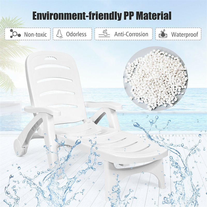 Costway PP 5-Position Adjustable Folding Lounge Chair with Wheels in White