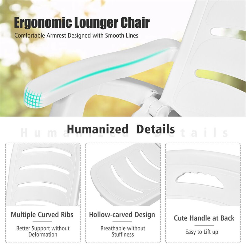Costway PP 5-Position Adjustable Folding Lounge Chair with Wheels in White