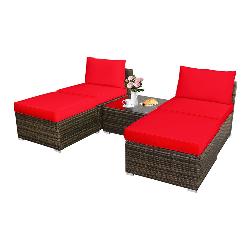 Costway 5-piece Contemporary Rattan Patio Wicker Furniture Set in Red