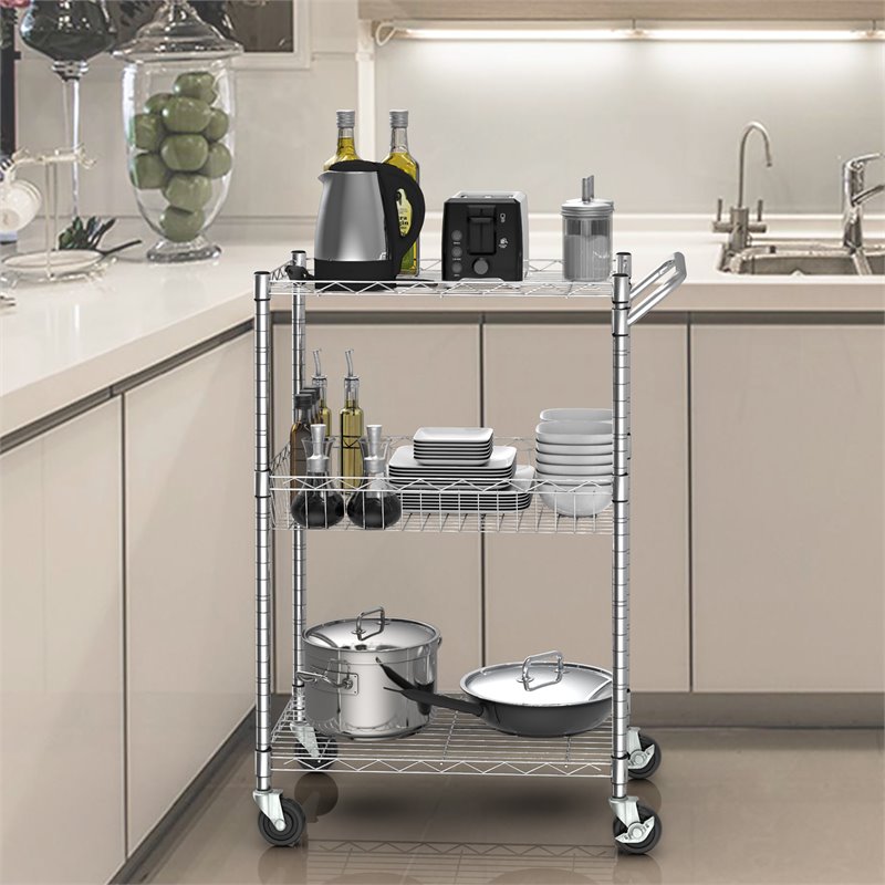 Costway 3-tier Steel and Rubber Utility Cart with Handle Bar Storage in Silver