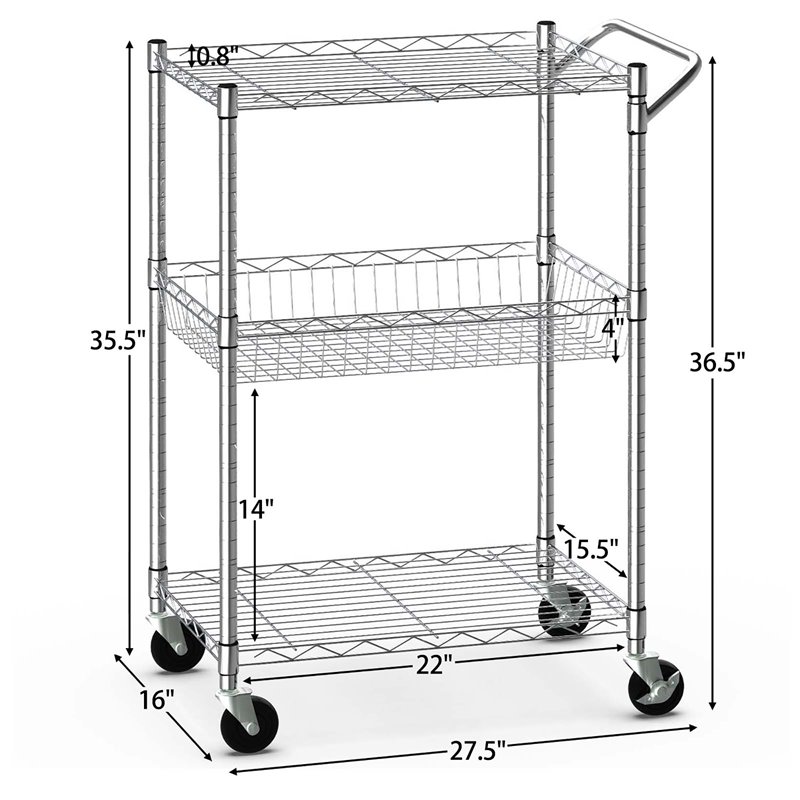 Costway 3-tier Steel and Rubber Utility Cart with Handle Bar Storage in Silver