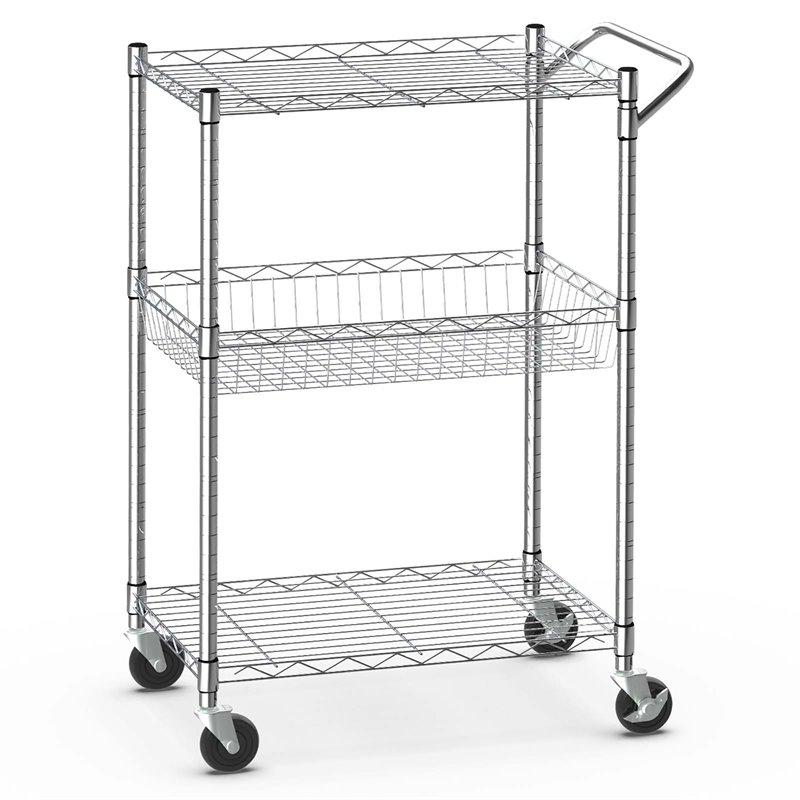 Costway 3-tier Steel and Rubber Utility Cart with Handle Bar Storage in Silver