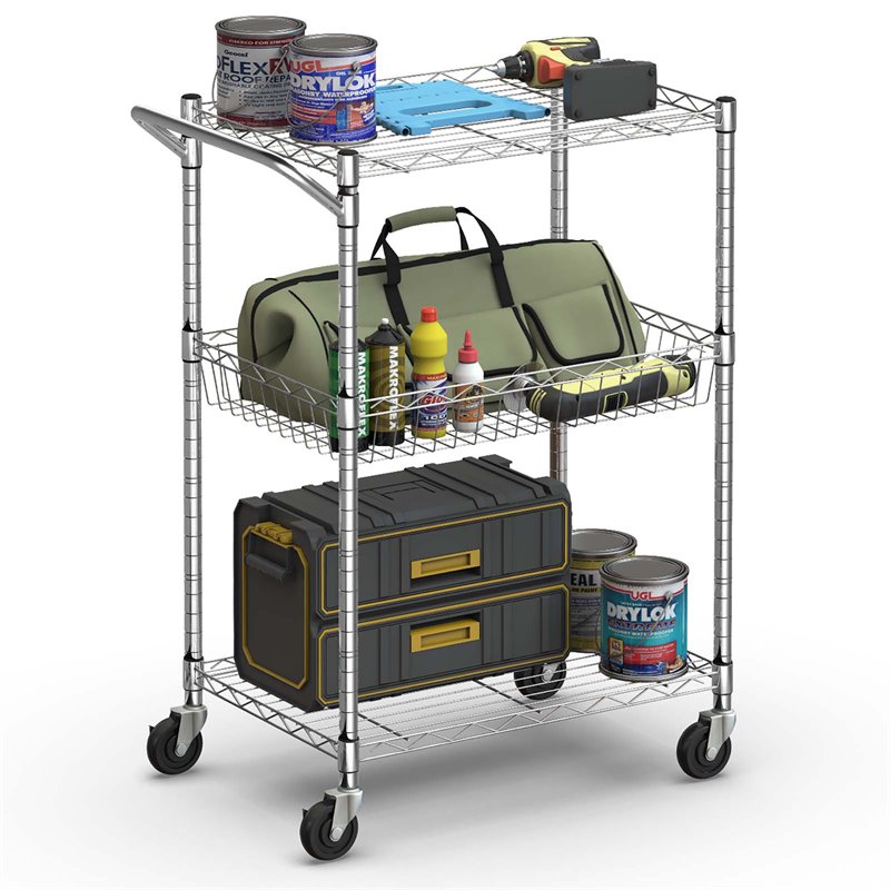 Costway 3-tier Steel and Rubber Utility Cart with Handle Bar Storage in Silver