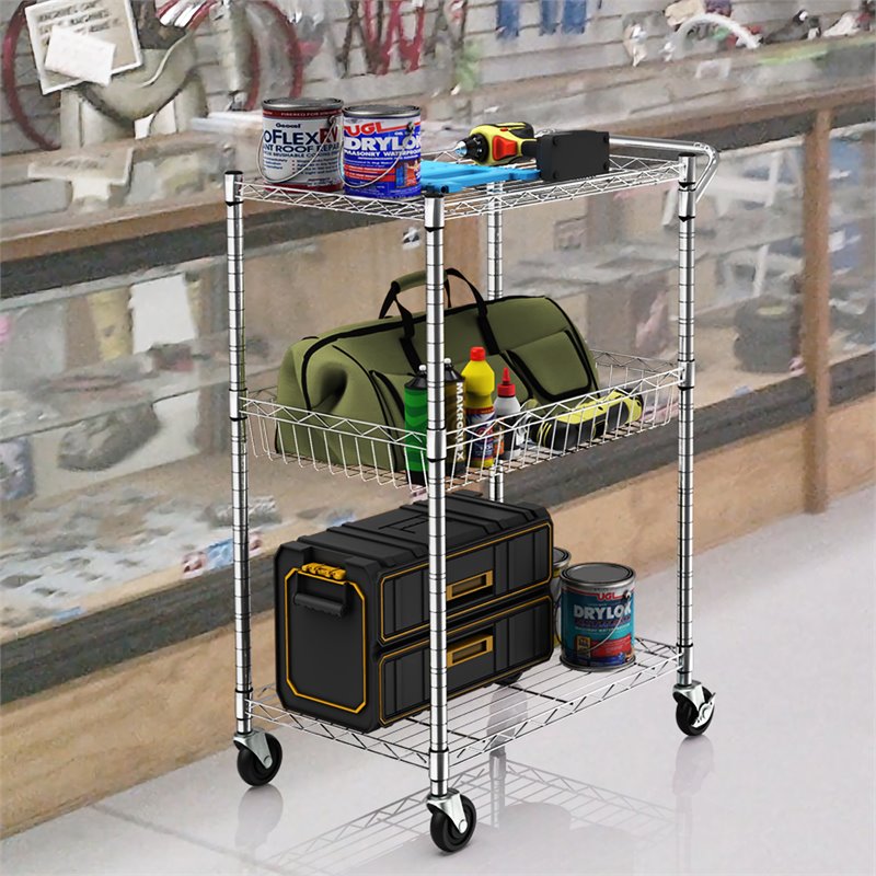 Costway 3-tier Steel and Rubber Utility Cart with Handle Bar Storage in Silver