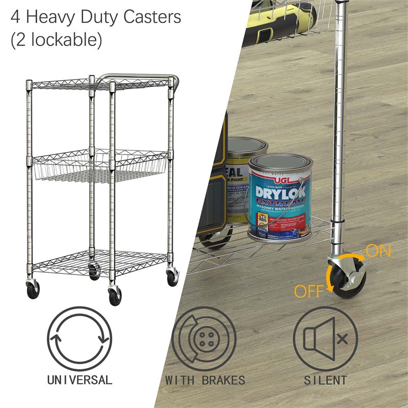 Costway 3-tier Steel and Rubber Utility Cart with Handle Bar Storage in Silver