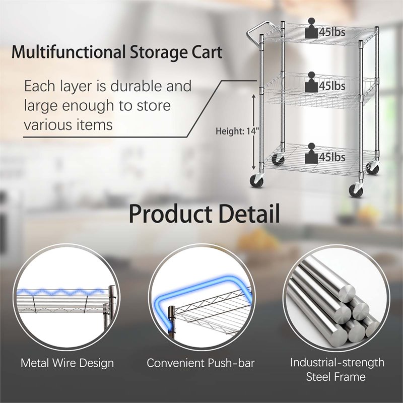Costway 3-tier Steel and Rubber Utility Cart with Handle Bar Storage in Silver