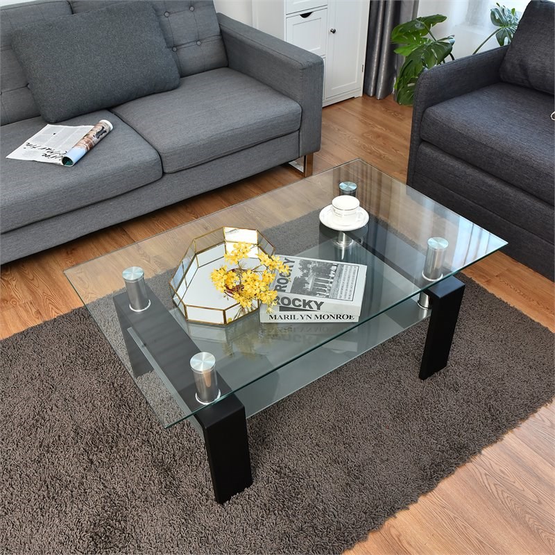 Costway Rectangle Glass Coffee Table with Metal Legs for Livingroom in Black