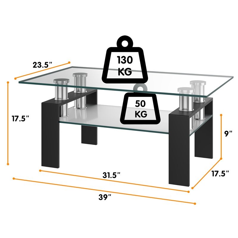 Costway Rectangle Glass Coffee Table with Metal Legs for Livingroom in Black