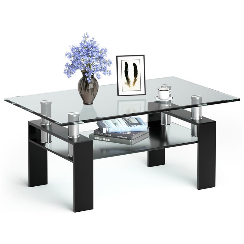 Costway Rectangle Glass Coffee Table with Metal Legs for Livingroom in Black