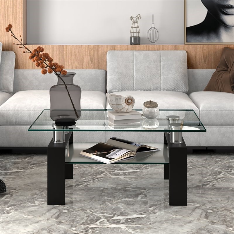 Costway Rectangle Glass Coffee Table with Metal Legs for Livingroom in Black
