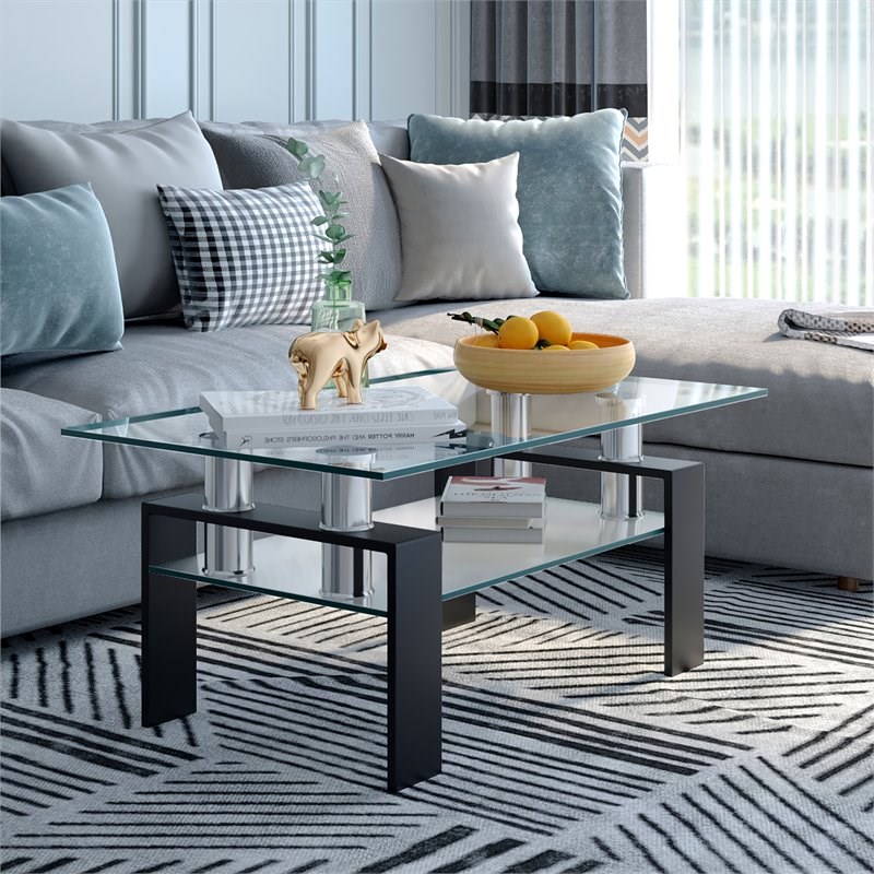 Costway Rectangle Glass Coffee Table with Metal Legs for Livingroom in Black