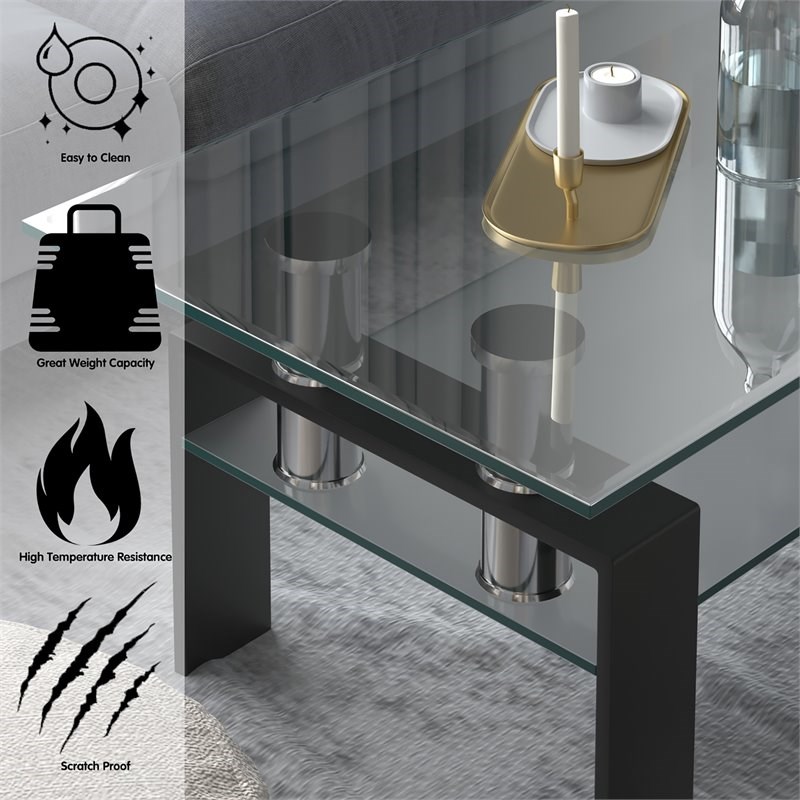 Costway Rectangle Glass Coffee Table with Metal Legs for Livingroom in Black