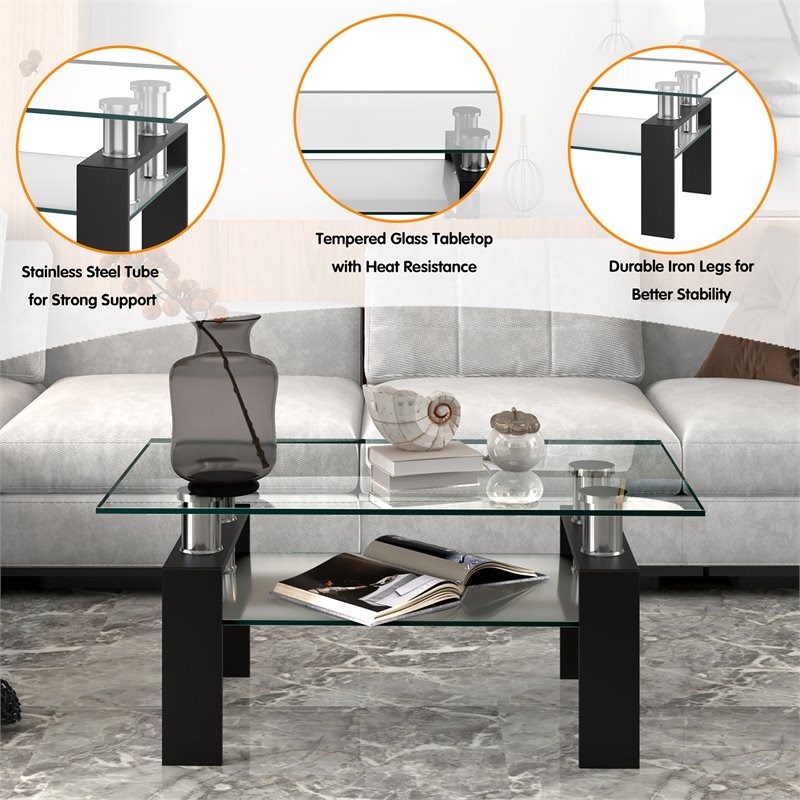 Costway Rectangle Glass Coffee Table with Metal Legs for Livingroom in Black