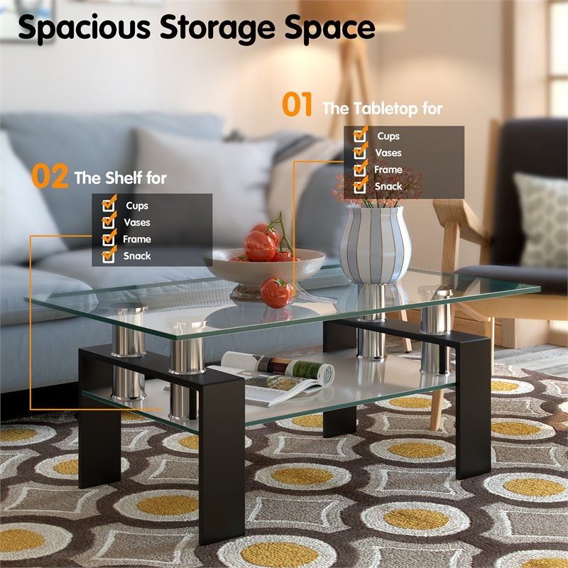Costway Rectangle Glass Coffee Table with Metal Legs for Livingroom in Black