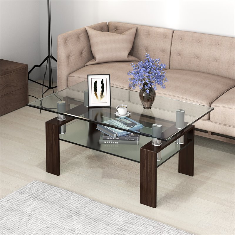 Costway Rectangle Glass Coffee Table with Metal Legs for Livingroom in Coffee