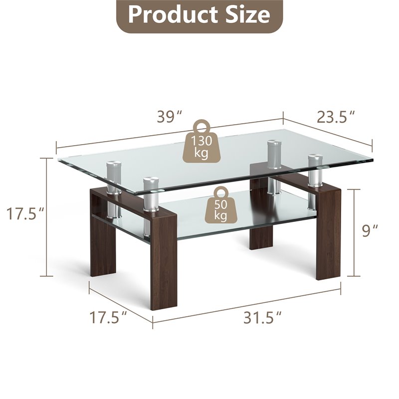 Costway Rectangle Glass Coffee Table with Metal Legs for Livingroom in Coffee