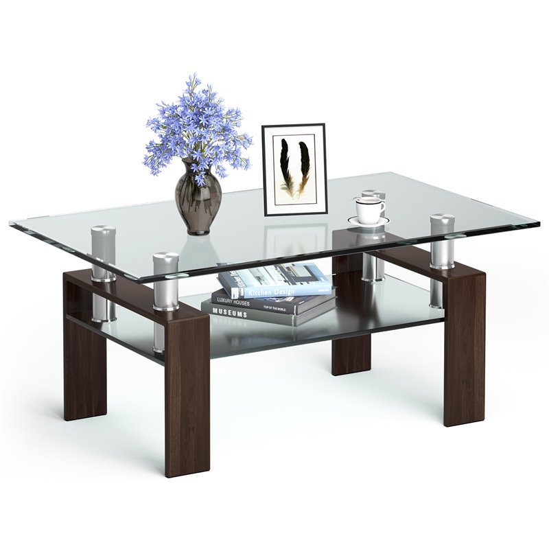 Costway Rectangle Glass Coffee Table with Metal Legs for Livingroom in Coffee