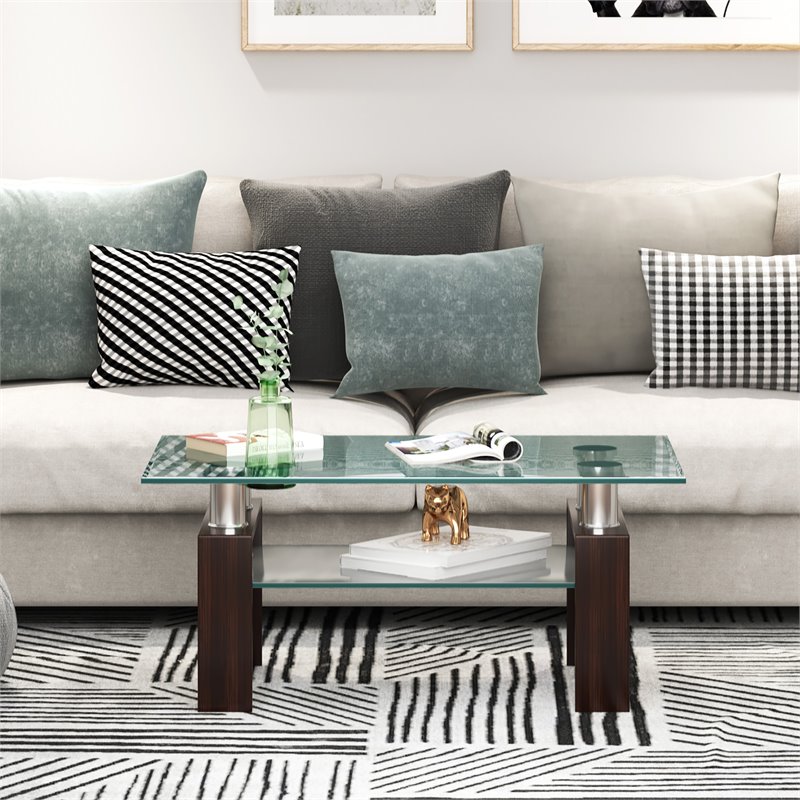 Costway Rectangle Glass Coffee Table with Metal Legs for Livingroom in Coffee