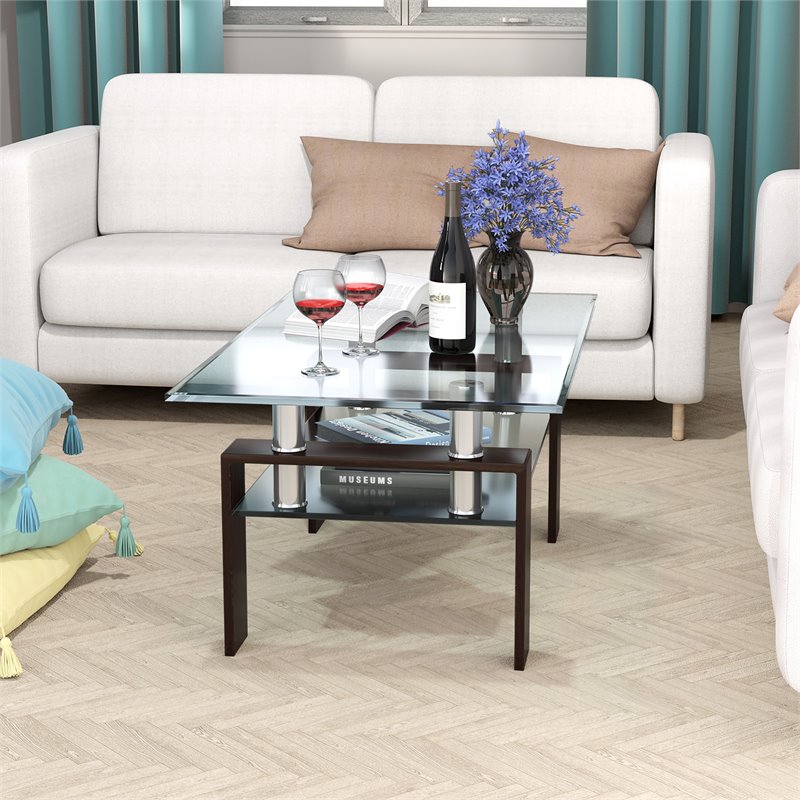 Costway Rectangle Glass Coffee Table with Metal Legs for Livingroom in Coffee