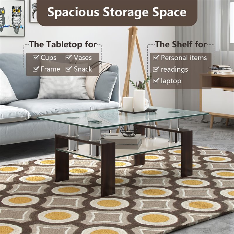 Costway Rectangle Glass Coffee Table with Metal Legs for Livingroom in Coffee