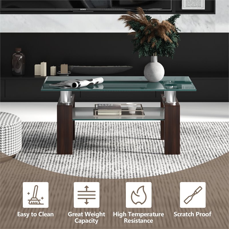Costway Rectangle Glass Coffee Table with Metal Legs for Livingroom in Coffee