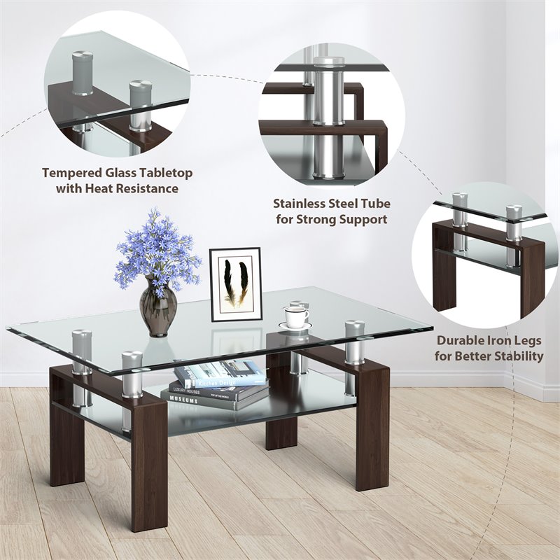 Costway Rectangle Glass Coffee Table with Metal Legs for Livingroom in Coffee