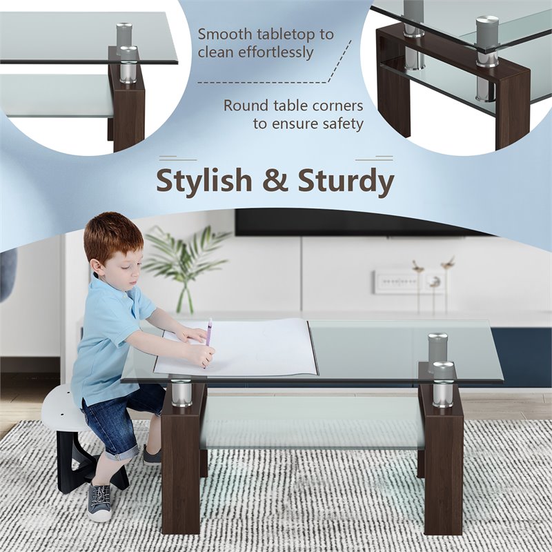 Costway Rectangle Glass Coffee Table with Metal Legs for Livingroom in Coffee