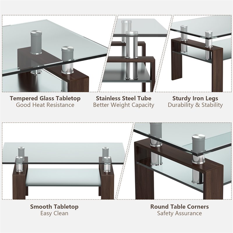 Costway Rectangle Glass Coffee Table with Metal Legs for Livingroom in Coffee