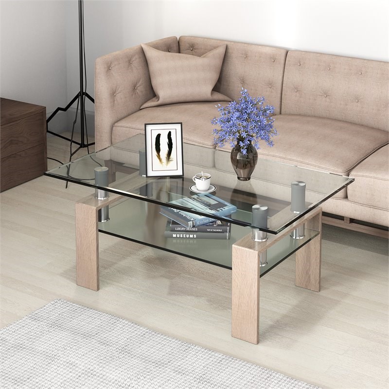 Costway Rectangle Glass Coffee Table with Metal Legs for Livingroom in Natural