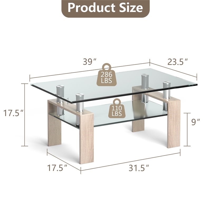Costway Rectangle Glass Coffee Table with Metal Legs for Livingroom in Natural