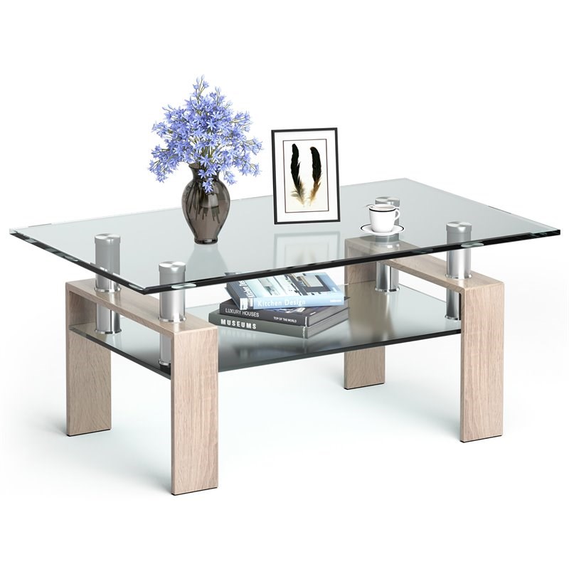 Costway Rectangle Glass Coffee Table with Metal Legs for Livingroom in Natural