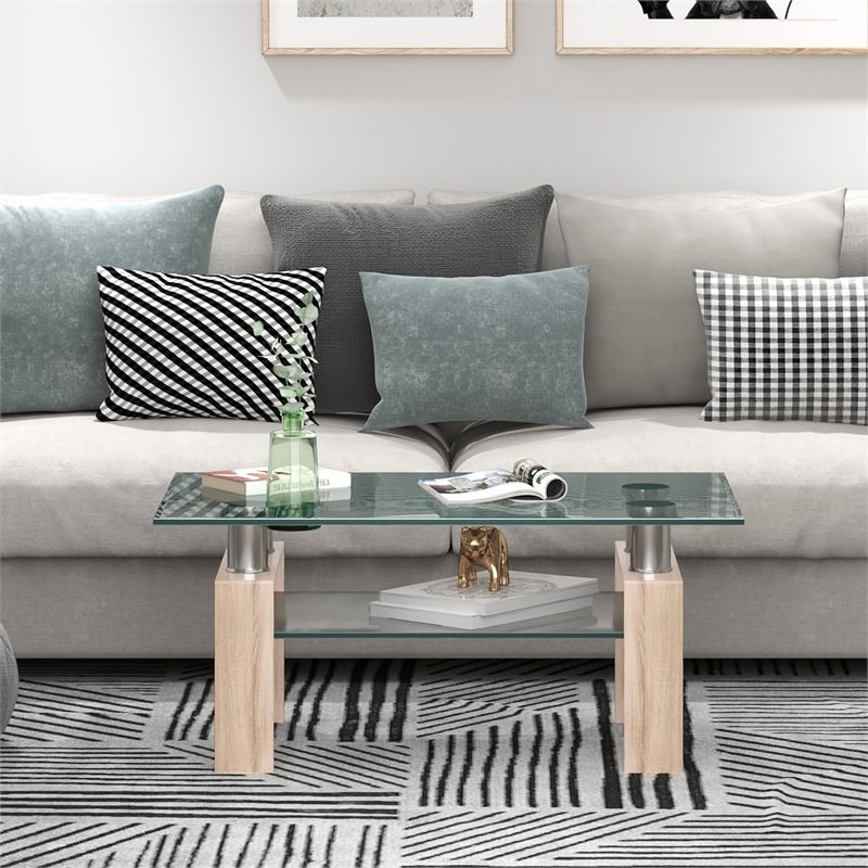 Costway Rectangle Glass Coffee Table with Metal Legs for Livingroom in Natural