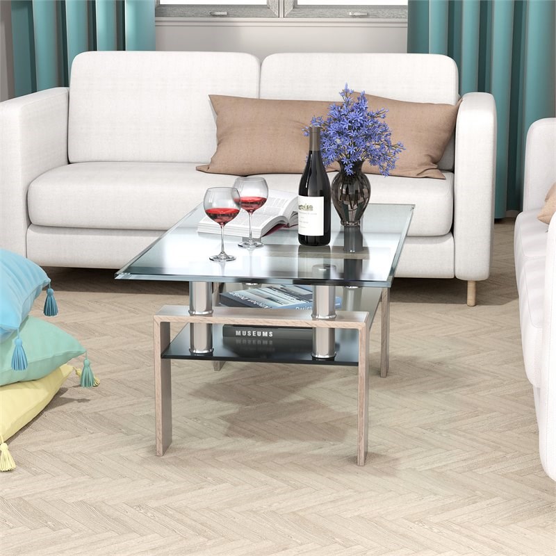 Costway Rectangle Glass Coffee Table with Metal Legs for Livingroom in Natural