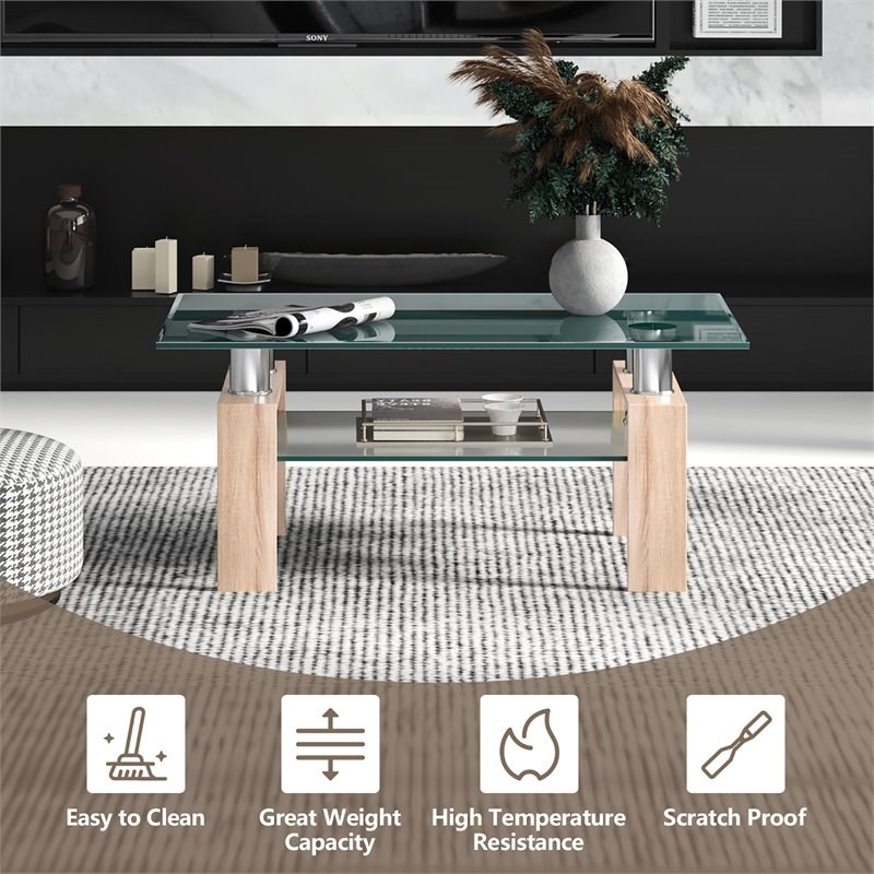 Costway Rectangle Glass Coffee Table with Metal Legs for Livingroom in Natural