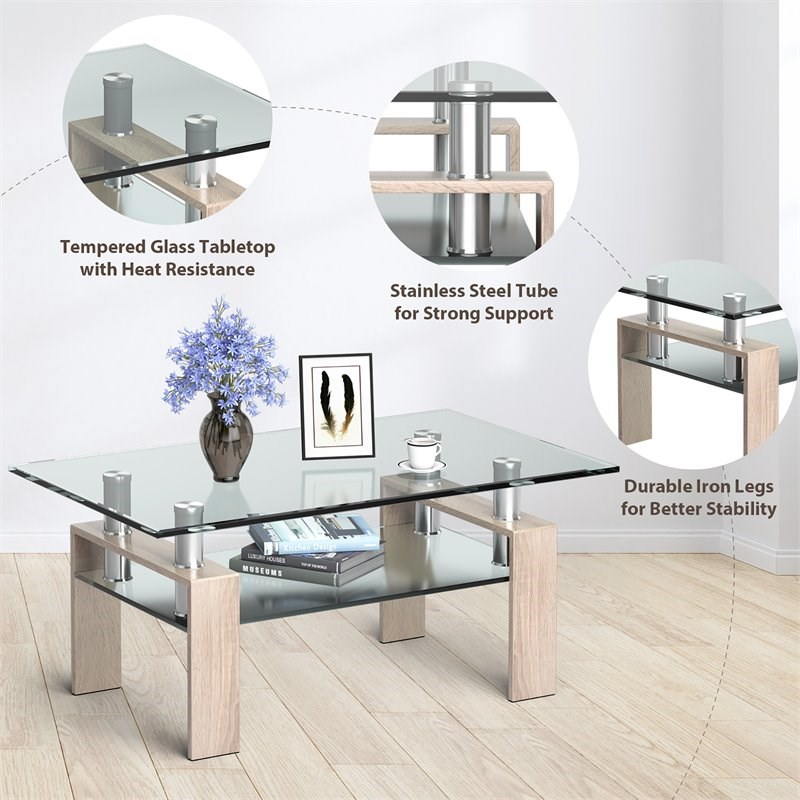 Costway Rectangle Glass Coffee Table with Metal Legs for Livingroom in Natural