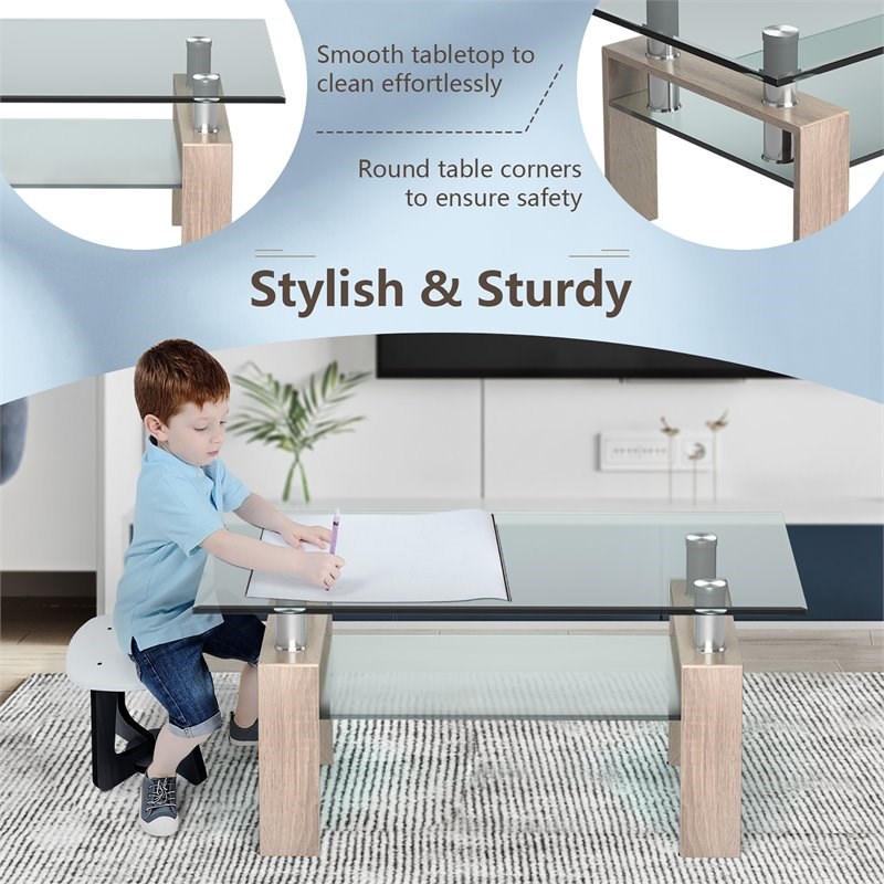 Costway Rectangle Glass Coffee Table with Metal Legs for Livingroom in Natural