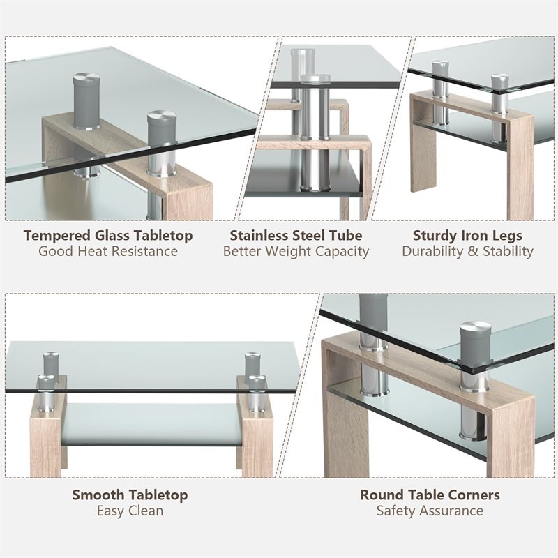 Costway Rectangle Glass Coffee Table with Metal Legs for Livingroom in Natural