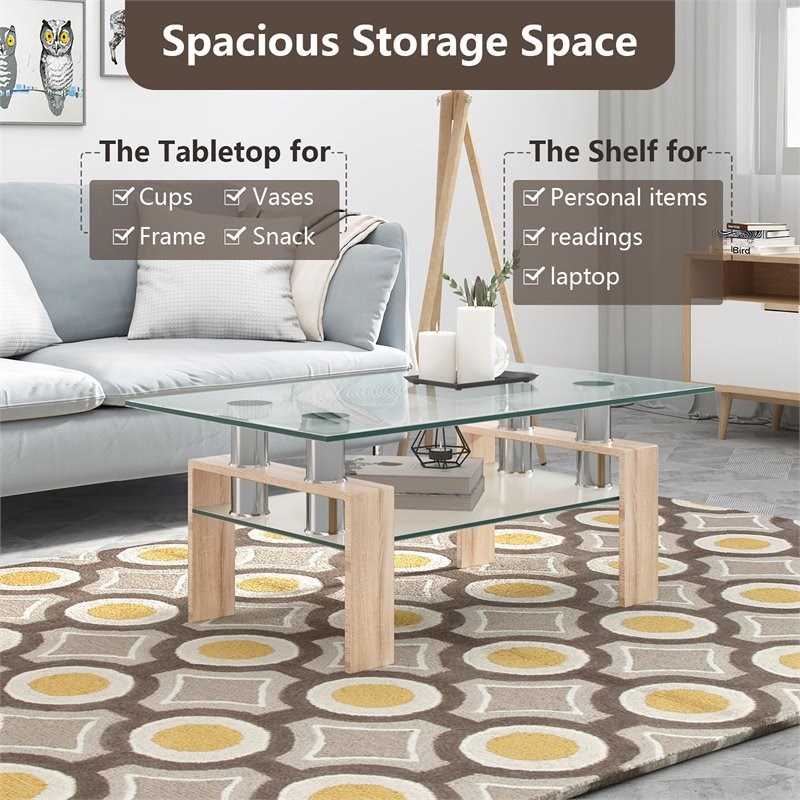 Costway Rectangle Glass Coffee Table with Metal Legs for Livingroom in Natural