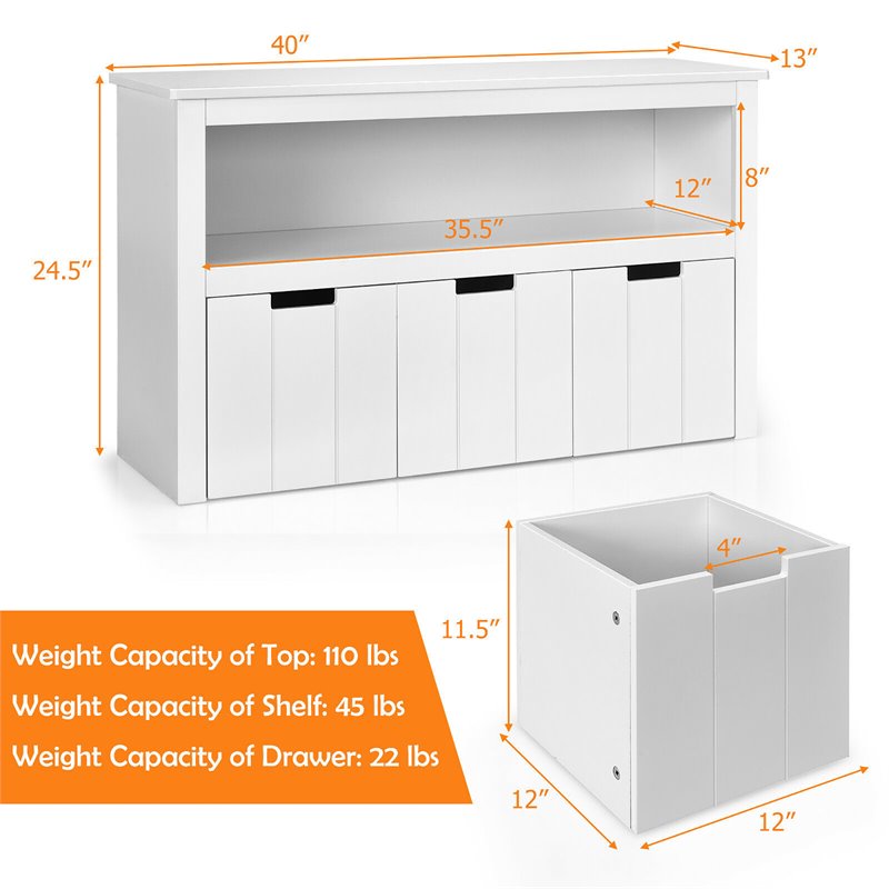 Costway 3-drawer Wood Kid Toy Storage Cabinet Chest with Wheels in White