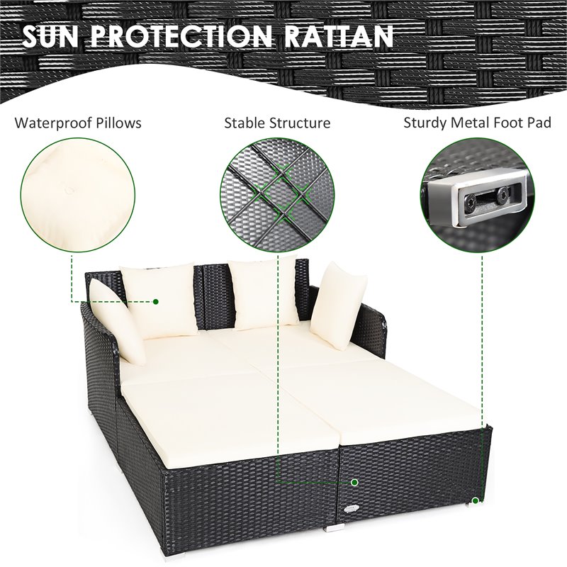 Costway Patio Rattan Cushioned Sofa Daybed with Pillows in Beige