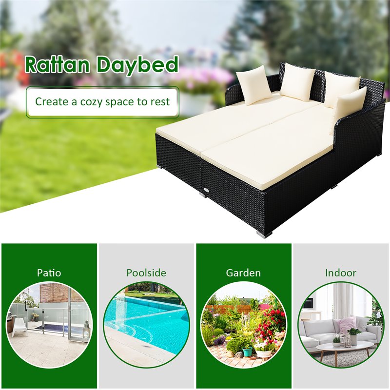 Costway Patio Rattan Cushioned Sofa Daybed with Pillows in Beige