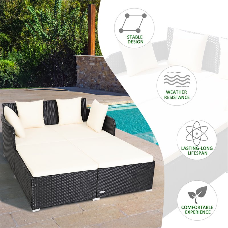 Costway Patio Rattan Cushioned Sofa Daybed with Pillows in Beige