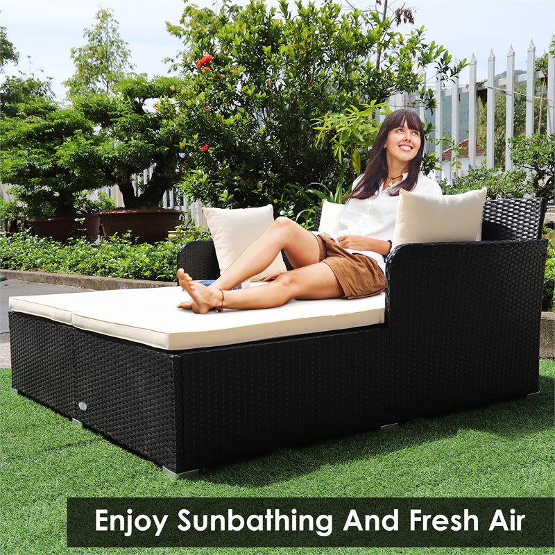 Costway Patio Rattan Cushioned Sofa Daybed with Pillows in Beige