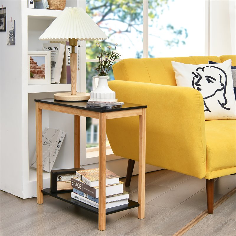 Costway 2-Tier Bamboo Side Sofa End Console Table with Storage Shelf in Natural